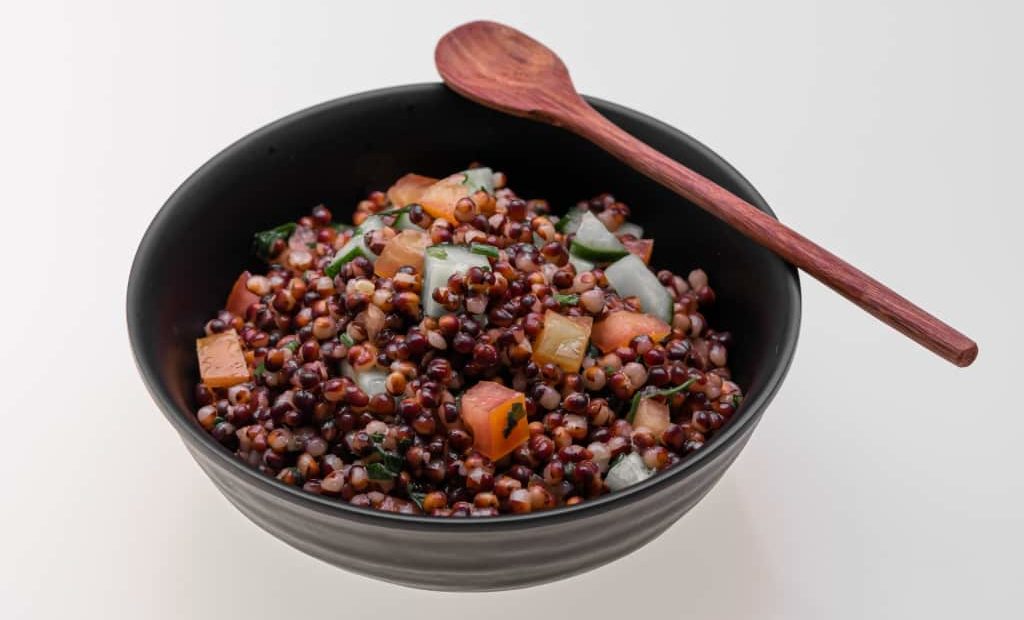 Tigela com sorgo, tomate e pepino e colher em cima