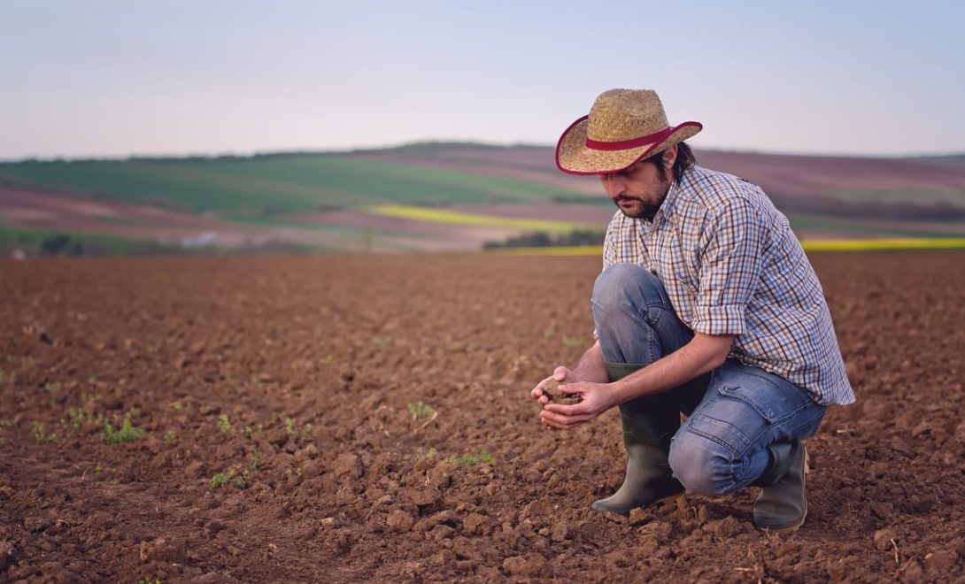 Agricultor analisando a terra da fazenda