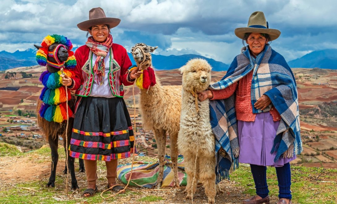 Duas mulheres com lhamas e alpaca nas terras de Cusco no Peru