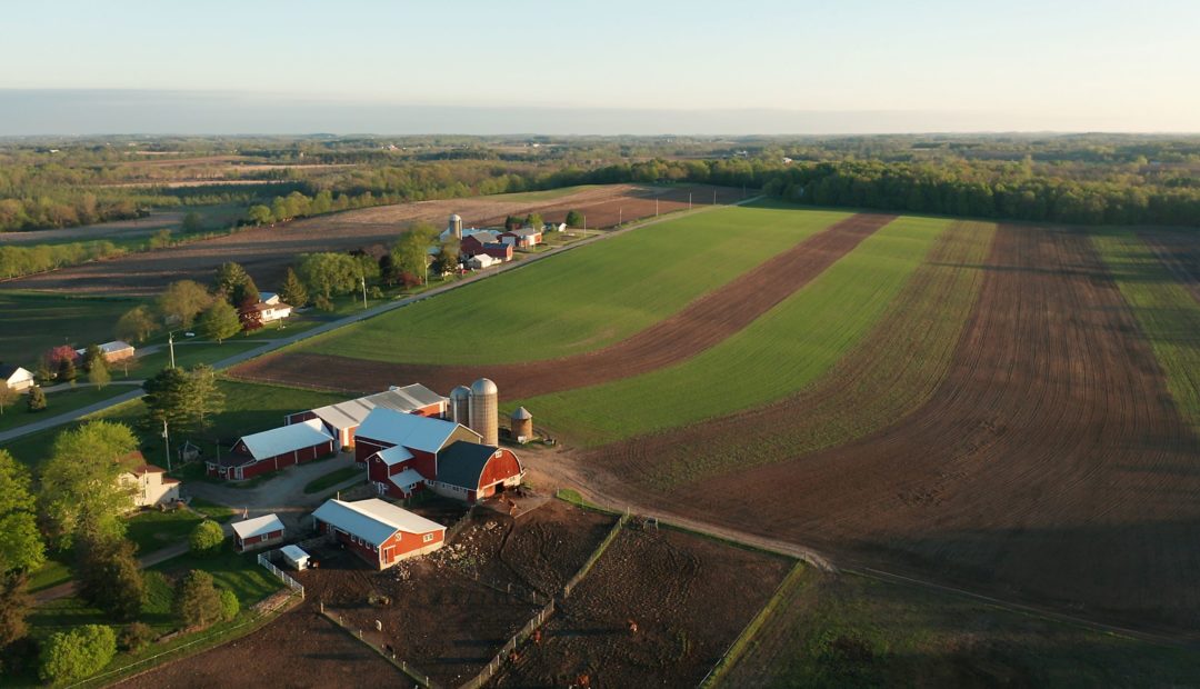 Imagem de fazenda com sede, barracões e silos vistos do alto.
