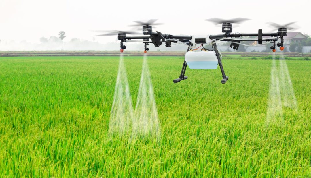 Drone pulverizador sobrevoando lavoura e aplicando insumos.