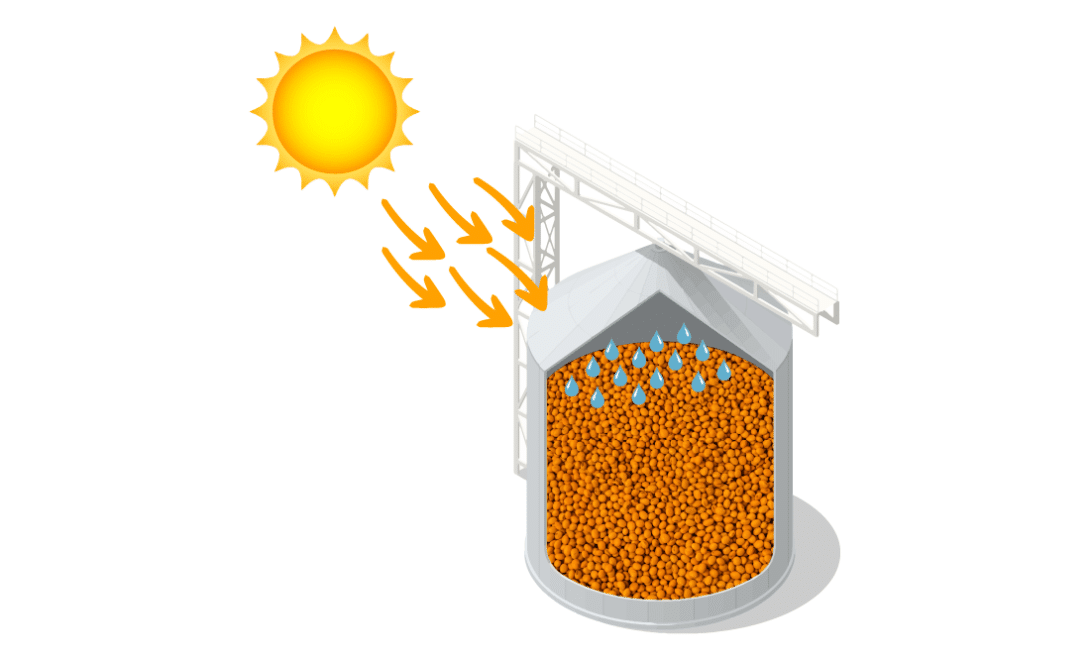 Ilustração mostrando como se dá a condensação dentro dos silos de grãos