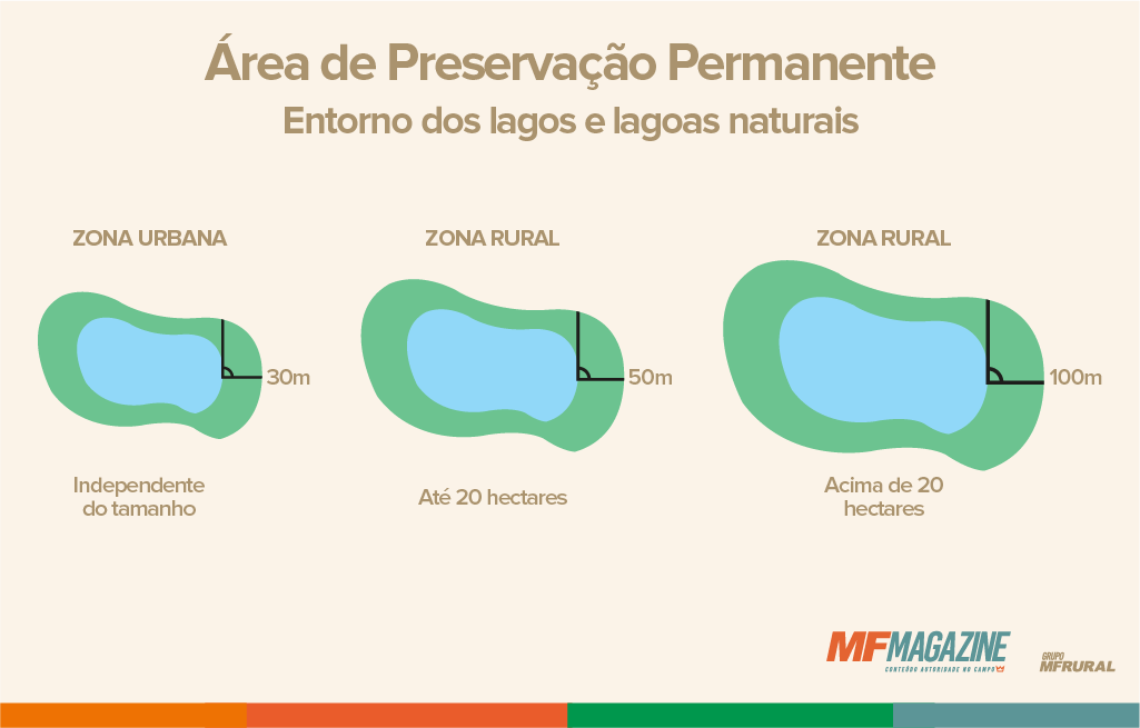 Infográfico demonstrado Área de Preservação Permanente (APP) no entorno de lados e lagoas naturais
