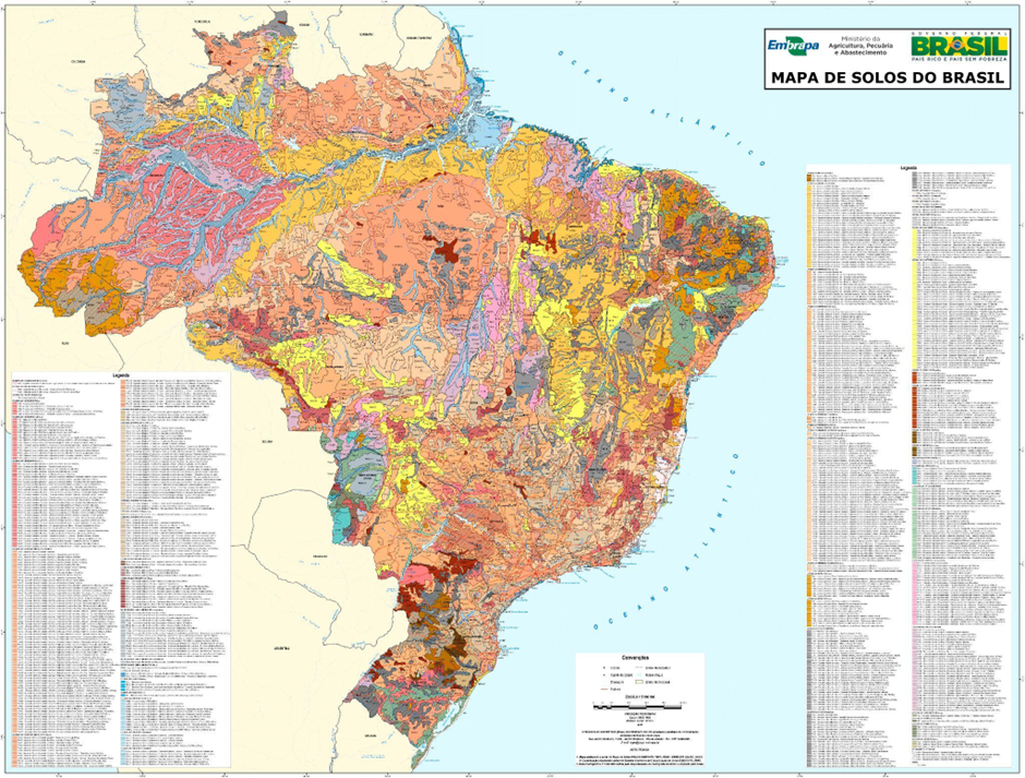 Mapa do Brasil com diferentes cores que representam a distribuição geográfica dos solos de acordo com o Sistema Brasileiro de Classificação de Solos