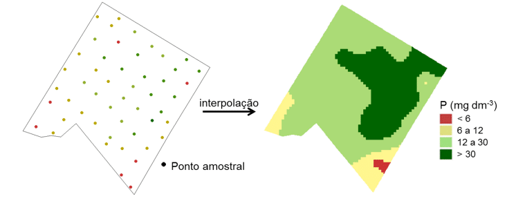 Mapa de pontos seguido de mapa interpolado com informações de valores de fósforo presentes na área
