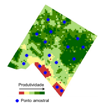Mapa com amostragem direcionada com pontos amostrais distribuídos conforme um mapa de produtividade da mesma área