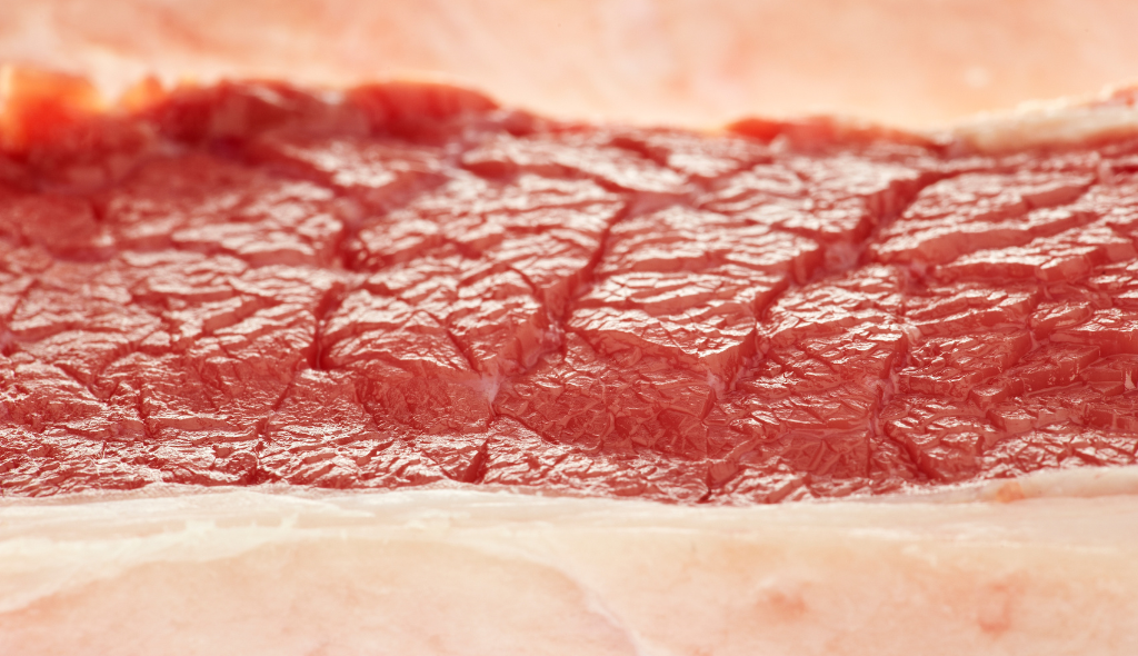 Carne vermelha vista de maneira aproximada, com gordura nas bordas