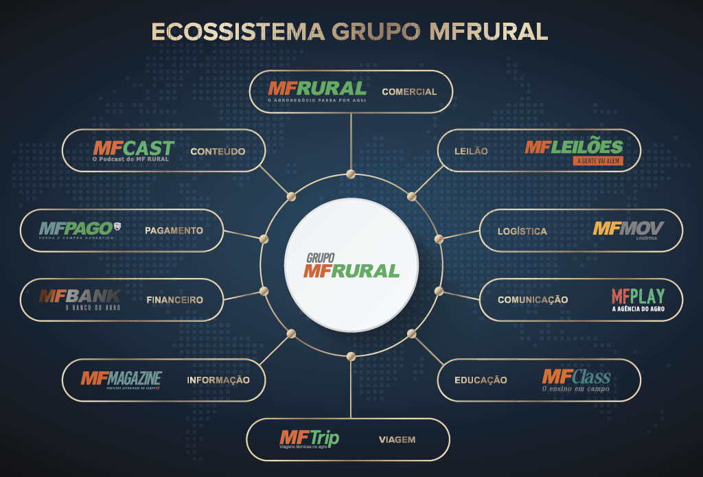 Imagem do ecossistem MF Rural com fundo azul e o nome de todas as empresas, sendo elas Mf Rural, MF Leilões, MF Mov, MF Play, MF Class, MF Trip, MF Magazine, MF Bank, MF Pago e MF Cast