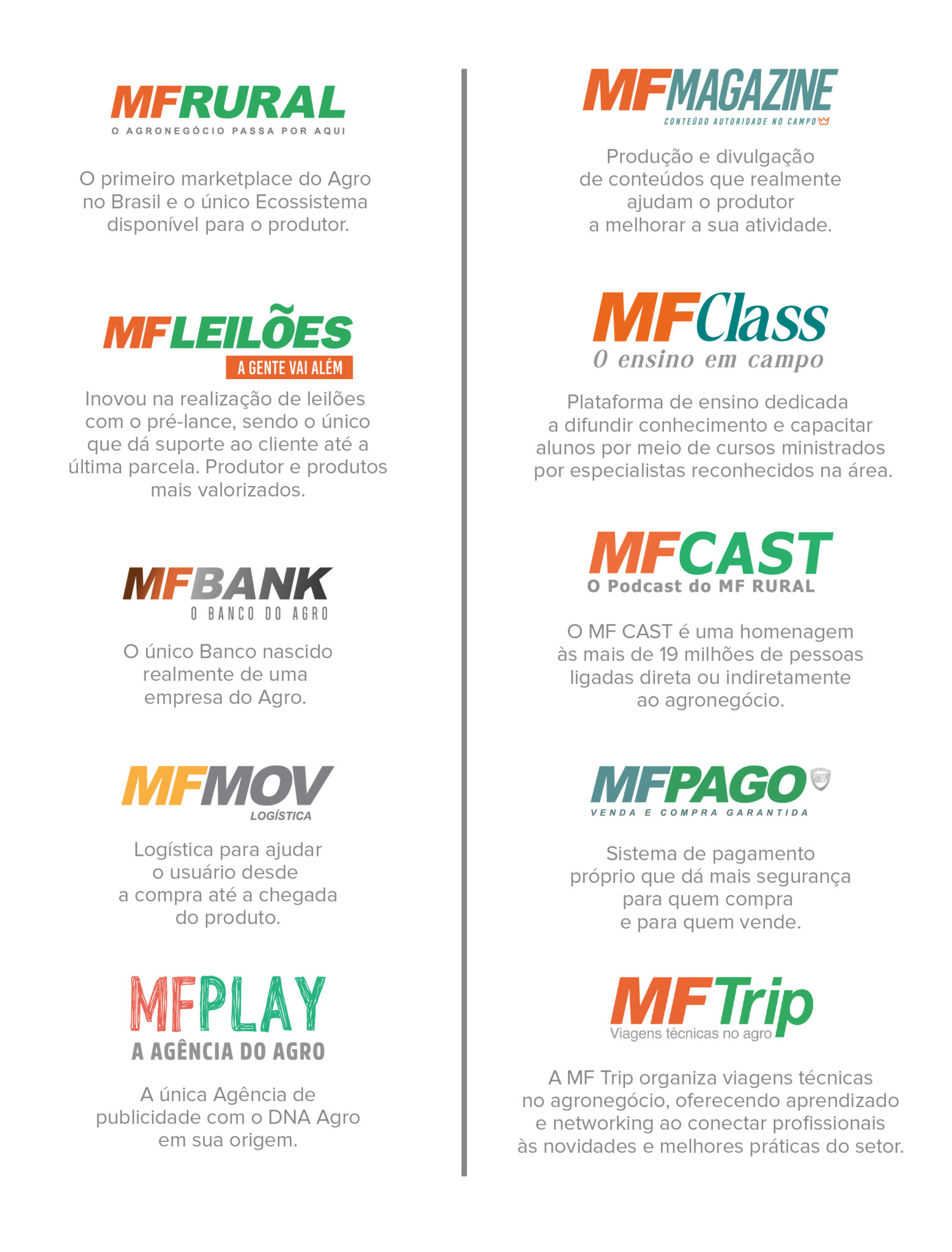 Imagem dividia ao meio com a explicação básica de cada uma das empresas do grupo