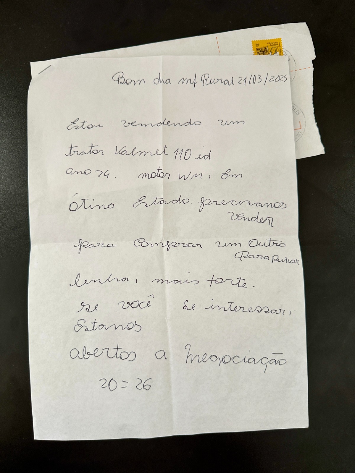 Carta escrita à mão em papel branco, enviada ao MF Rural em março de 2025, oferecendo à venda um trator Valmet 110 de 1974, em bom estado, com abertura para negociação.