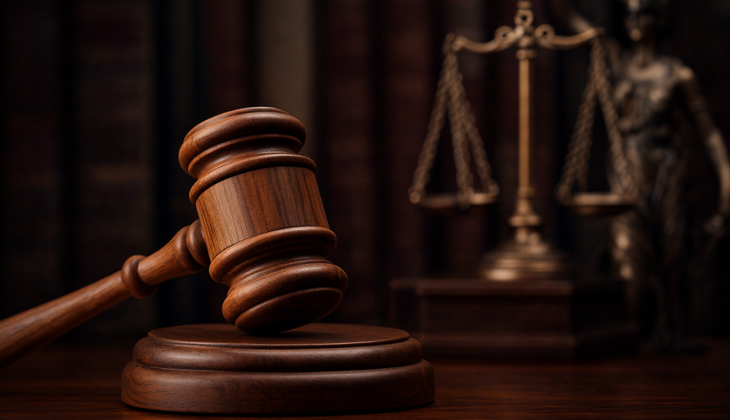 A imagem mostra um martelo de juiz em destaque, feito de madeira polida e repousando sobre sua base, simbolizando autoridade e decisão judicial. Ao fundo, desfocados, aparecem uma balança dourada da justiça e a figura de uma estátua clássica, reforçando o contexto jurídico. O ambiente é sóbrio, com tons escuros e prateleiras de livros ao fundo, transmitindo seriedade e formalidade.