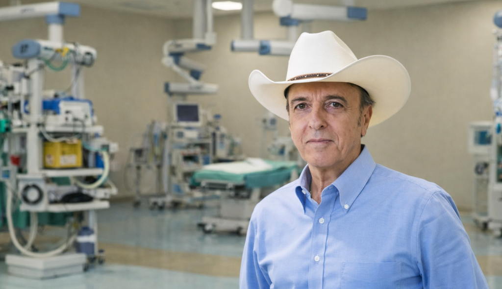 Henrique Prata Homem mais velho usando chapéu branco de cowboy e camisa azul clara está em primeiro plano dentro de uma sala hospitalar moderna. Ao fundo, aparecem equipamentos médicos e uma maca em um centro cirúrgico limpo e bem iluminado, sem pacientes ou equipe em destaque. O homem olha diretamente para a câmera com expressão séria e postura confiante.