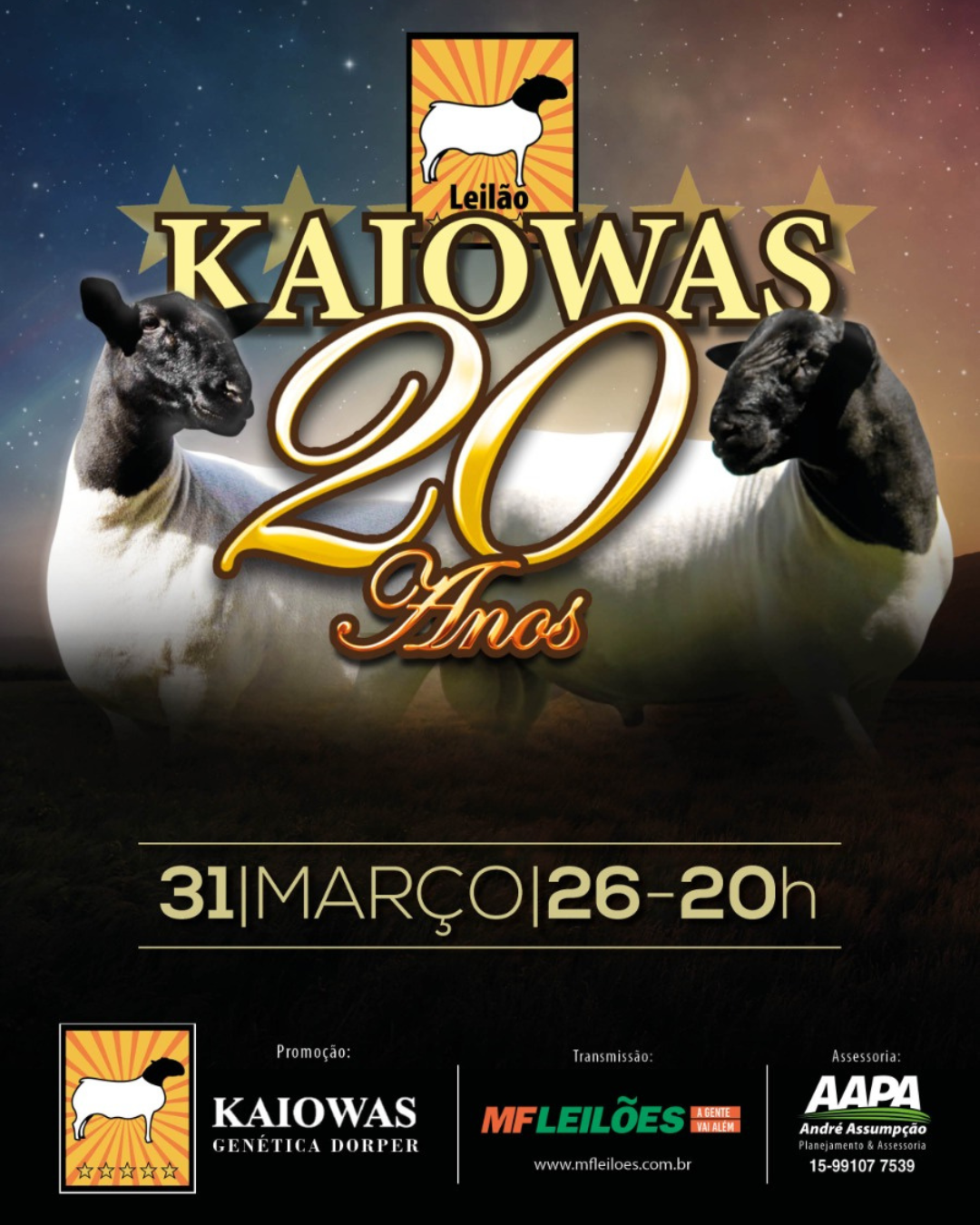 Leilão Kaiowas 20 anos Imagem promocional do Leilão Kaiowas 20 Anos. No centro, o título “KAIOWAS 20 Anos” em destaque, com acabamento dourado e estrelas ao fundo. Acima, o logotipo do leilão com a silhueta de um ovino. Em primeiro plano, dois ovinos da raça Dorper, um de cada lado, com iluminação dramática. Ao fundo, um cenário com céu em degradê entre azul e laranja, sugerindo amanhecer ou entardecer no campo. Na parte inferior, a data e horário do evento. Abaixo, aparecem as informações institucionais.