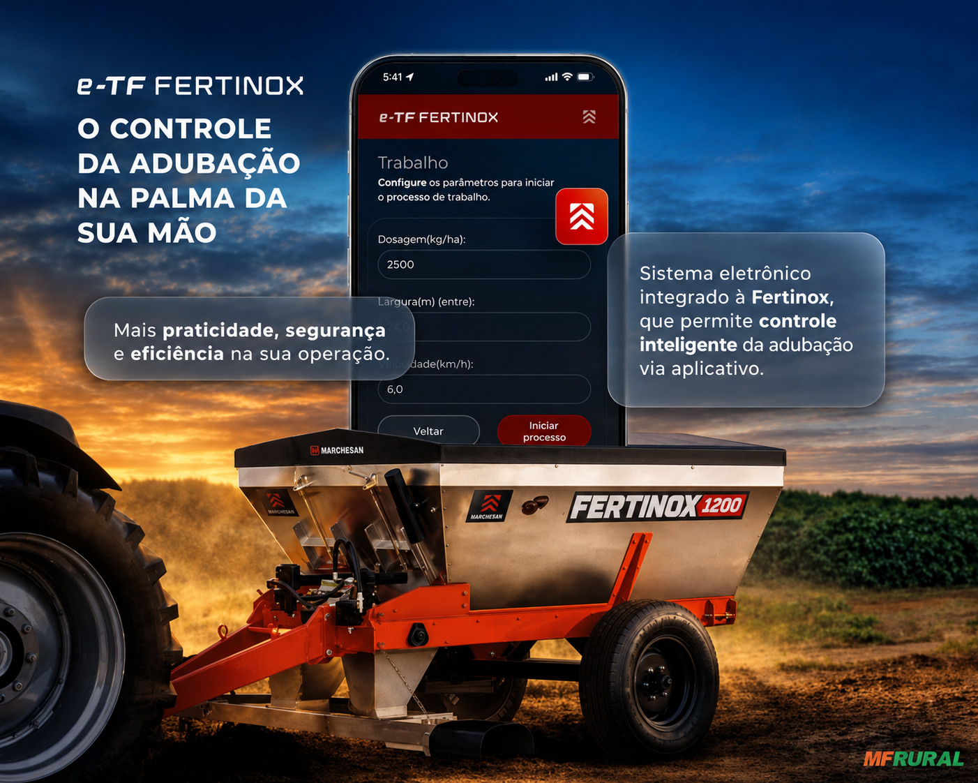 E-TF Fertinox Software agrícola E-TF Fertinox - controle de adubação integrado via aplicativo, destacando tecnologia, precisão e automação na distribuição de fertilizantes no campo.