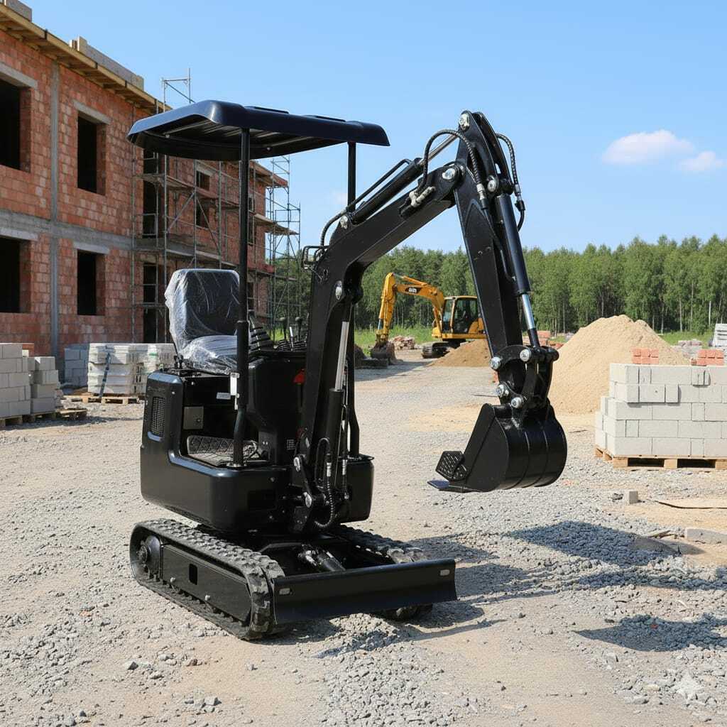 Mini Escavadeira com Braço Articulado SVX 10S Mini escavadeira compacta preta estacionada em um canteiro de obras, com cabine aberta, esteiras de borracha e braço hidráulico com concha voltado para a frente. Ao fundo, há um prédio em construção, pilhas de blocos, montes de areia e outra escavadeira trabalhando sob céu azul. A imagem destaca a versatilidade da máquina para serviços de escavação, terraplenagem e obras de pequeno porte.