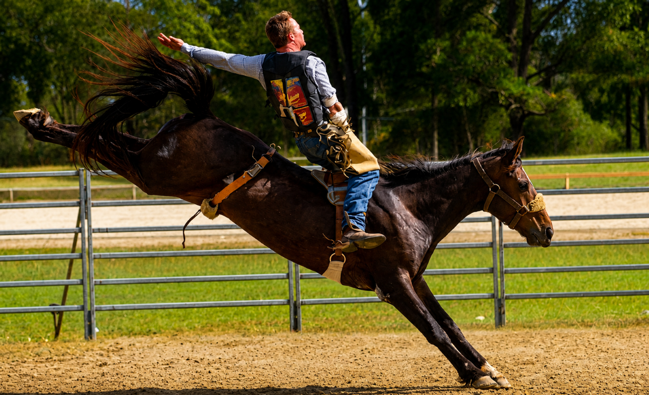 Modalidade de Bareback. Cavalo pulando durante a prova.