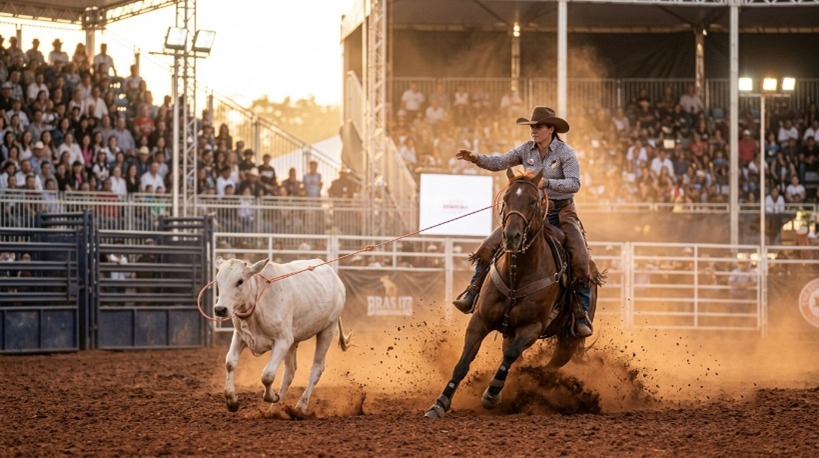 Uma mulheres em cima de um cavalo laçando um bezerro