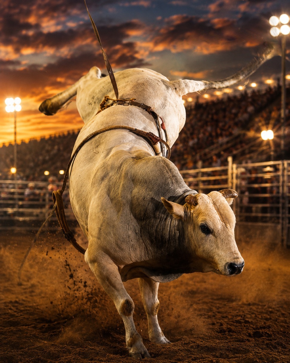 Touro de rodeio saltando na arena durante uma montaria, com o público ao fundo.