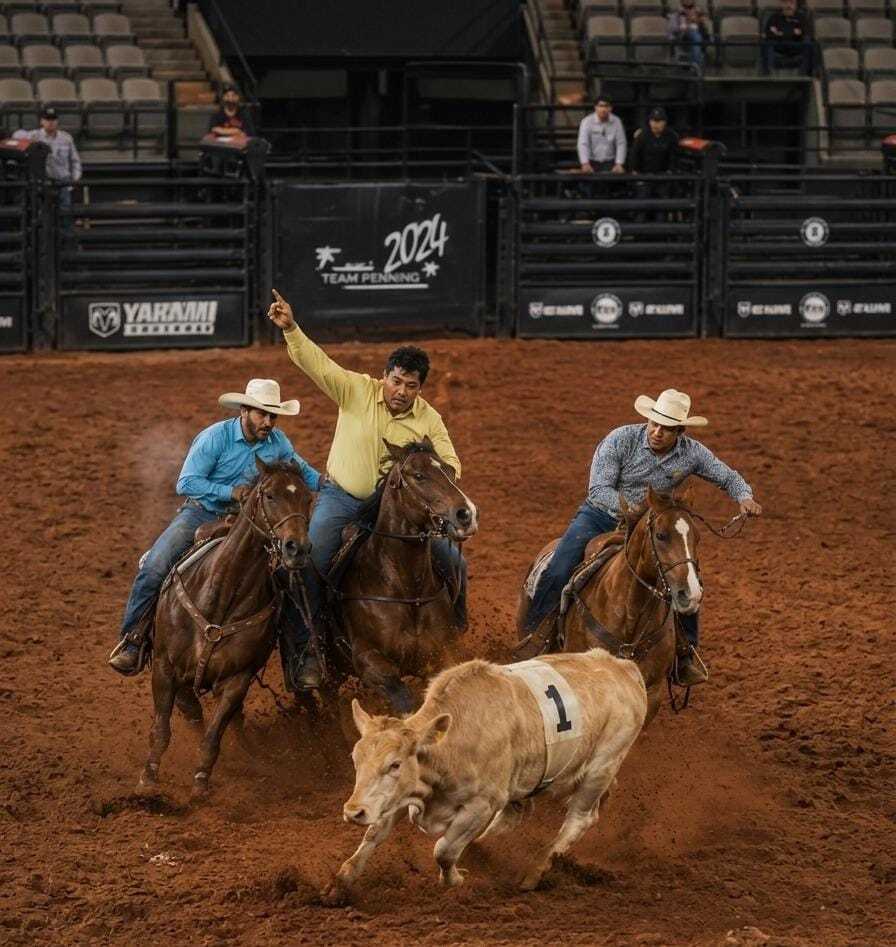 Prova team penning, onde há três cavalos e três cavaleiros apartando um bezerro.