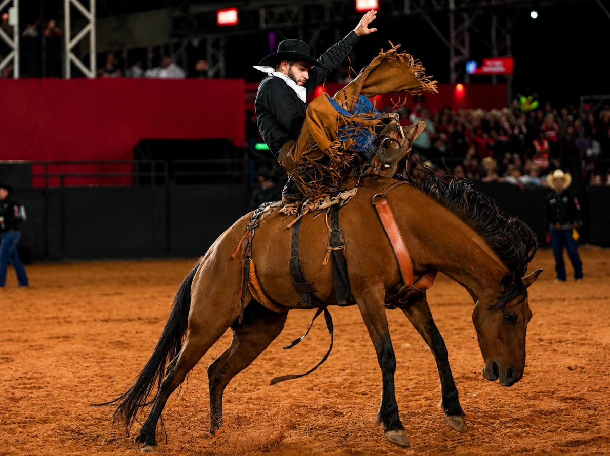 Cavalo marrom com o peão montado durante a modalidade de Cutiano