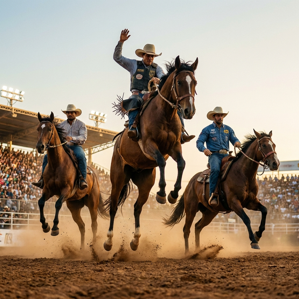 Três cavalos com peões montados.