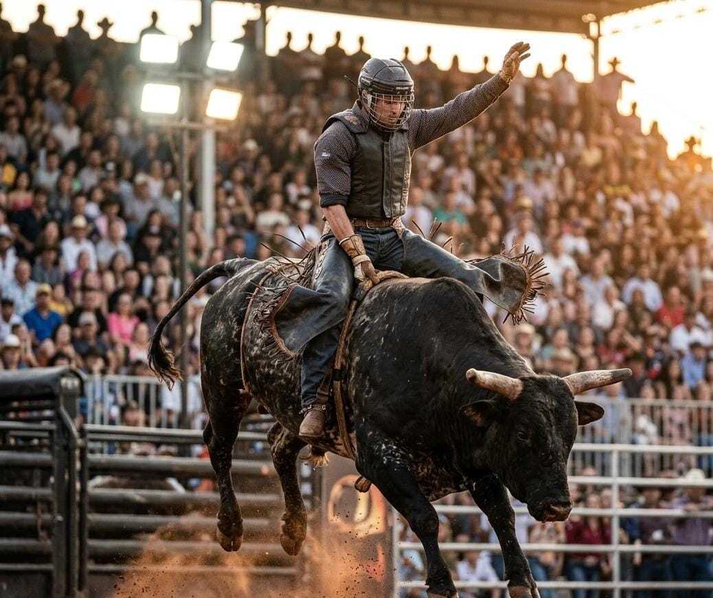 Peão de rodeio montando um touro durante uma competição em arena lotada.