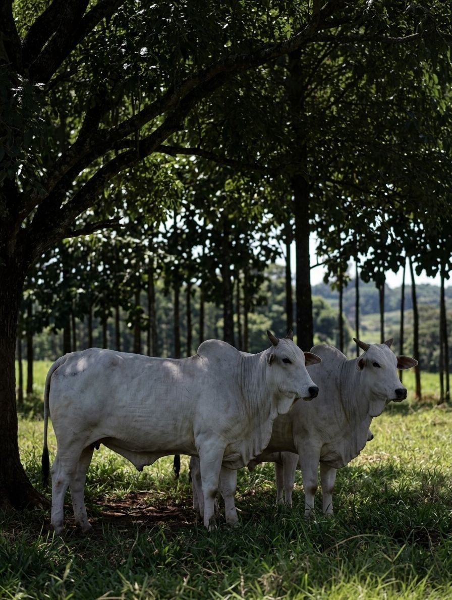 Gado no pasto sob a sombra de árvores.