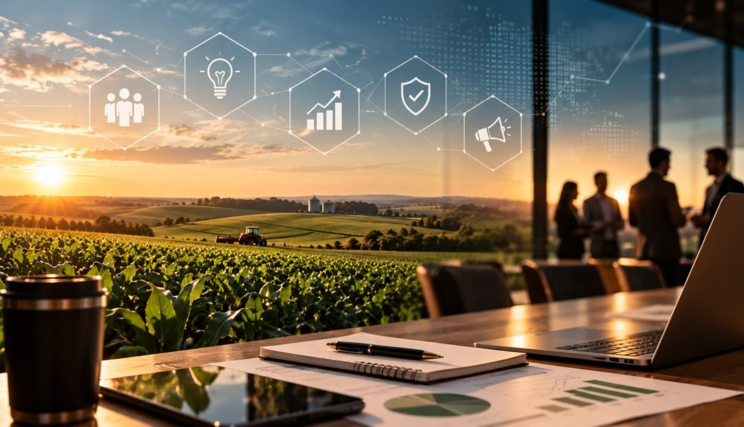Ambiente que integra agroneg&oacute;cio, tecnologia e estrat&eacute;gia, com lavoura ao fundo, notebook e elementos digitais representando inova&ccedil;&atilde;o e comunica&ccedil;&atilde;o no agro