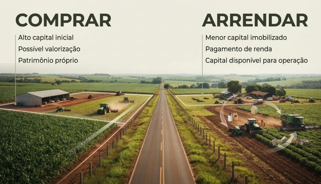 Infogr&aacute;fico comparativo entre "Comprar" e "Arrendar" terras agr&iacute;colas numa paisagem rural dividida por uma estrada. Do lado esquerdo (Comprar), destaca-se: Alto capital inicial, Poss&iacute;vel valoriza&ccedil;&atilde;o e Patrim&oacute;nio pr&oacute;prio. Do lado direito (Arrendar), destaca-se: Menor capital imobilizado, Pagamento de renda e Capital dispon&iacute;vel para opera&ccedil;&atilde;o.