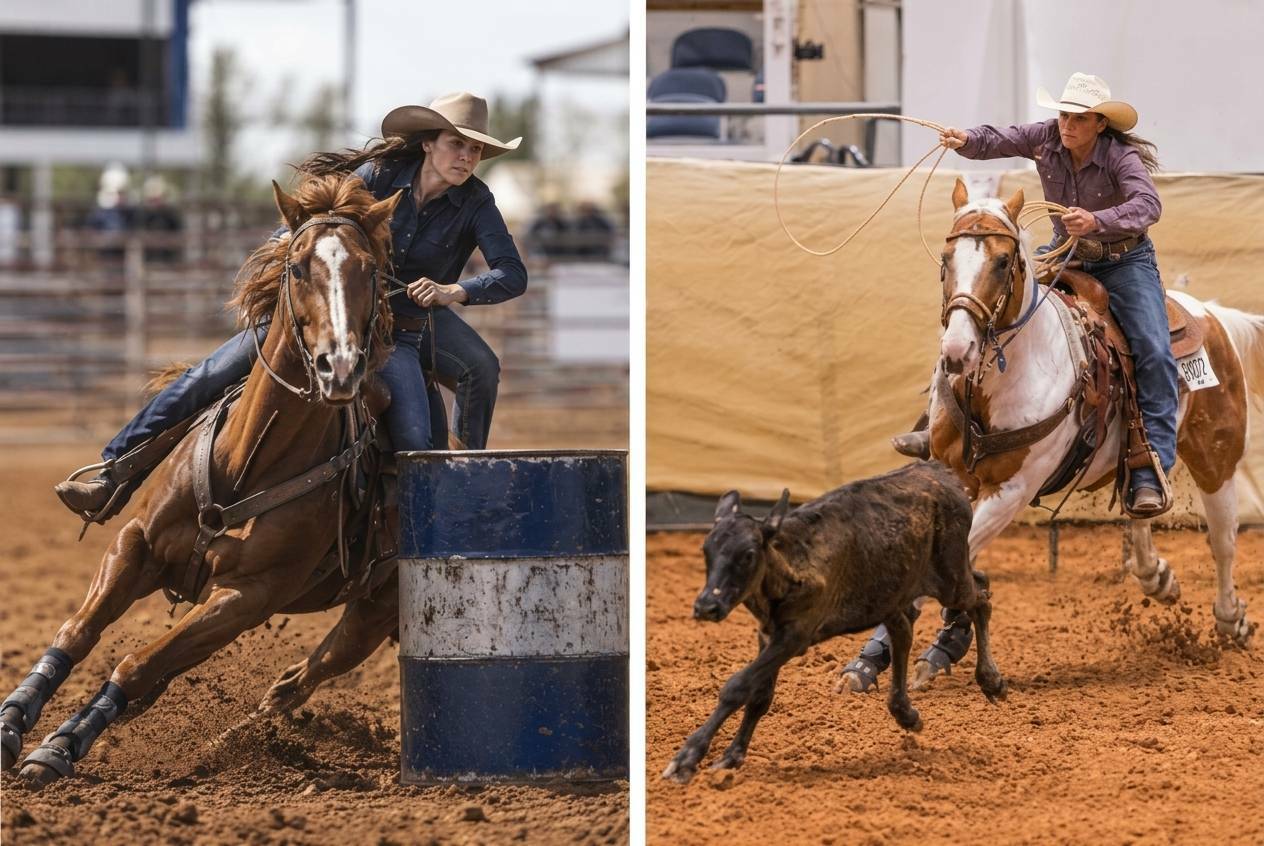 São duas imagens com tela dividida. Na esquerda tem uma competidora de três tambores e na esquerda uma competidora de breakaway.