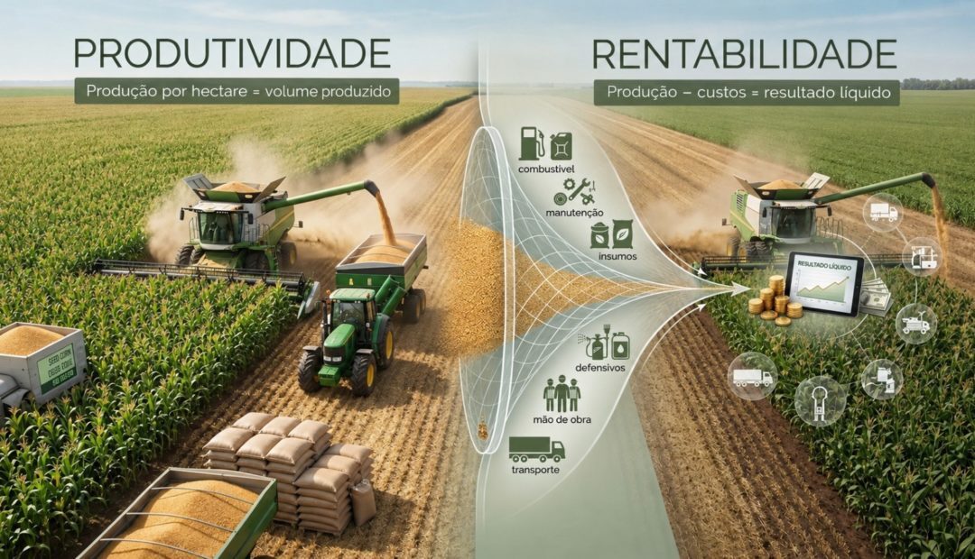 Infogr&aacute;fico explicativo que diferencia Produtividade (produ&ccedil;&atilde;o por hectare = volume produzido) de Rentabilidade (produ&ccedil;&atilde;o menos custos = resultado l&iacute;quido), destacando os custos agr&iacute;colas envolvidos no processo.